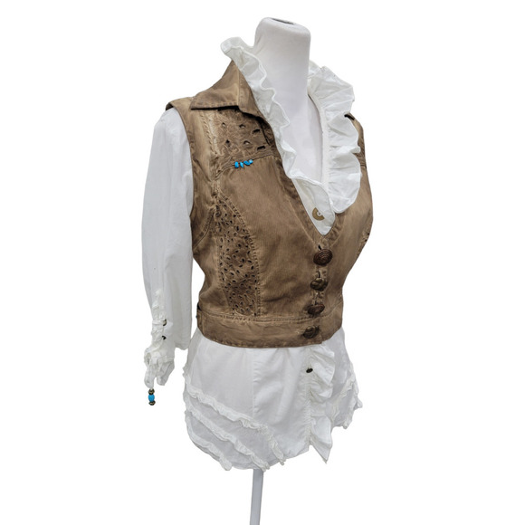Dismero Italian Ruffle Blouse and Distressed Vest With Turquoise Accents SMALL - Picture 11 of 16